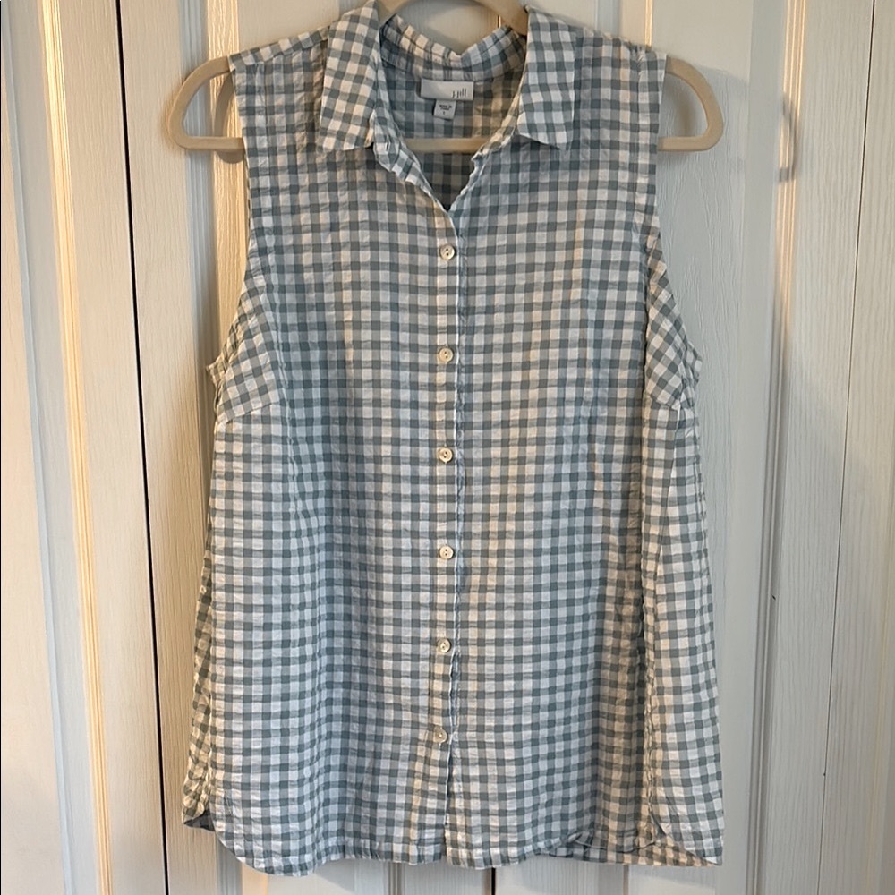 J. Jill Gingham Sleeveless Button Down Shirt Cotton Linen Blend Size Large